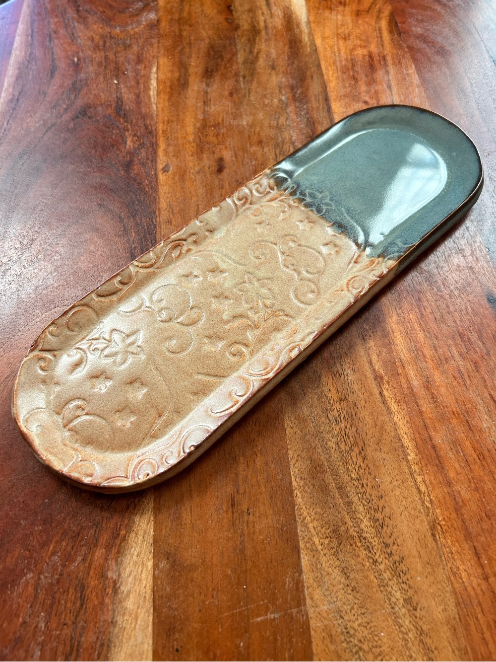 Handmade Embossed Pottery Small Tray Spoon Rest Brown Blue